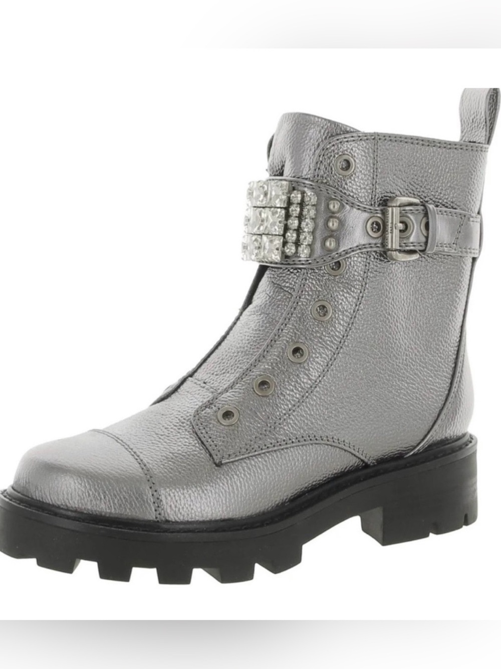BNWOB - Karl Lagerfeld Maeva Lug Sole Silver Boot with Crystal Buckle - Size 6
